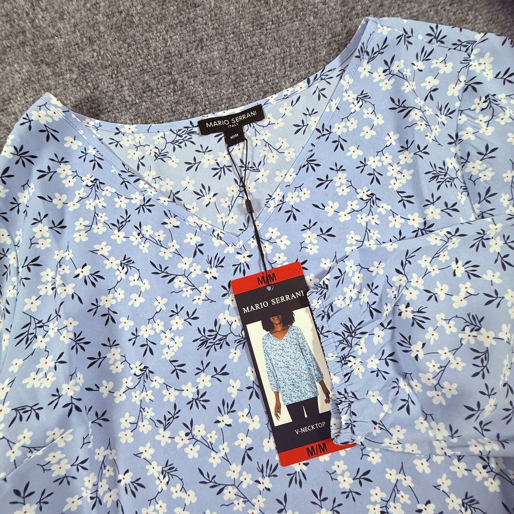 Mario Serrani V-Neck Top Womens Medium Blue White Floral Blouse Lightweight New